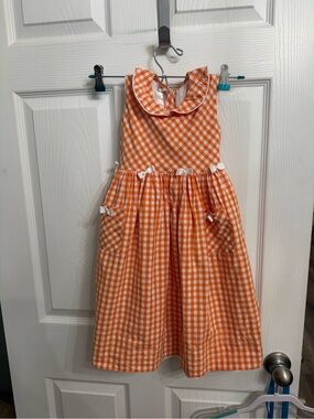 Strasburg Girls 4Y Orange Gingham Dress Cottagecore Pinafore Bows Pockets